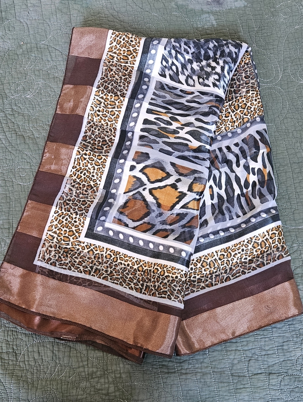 Animal Print Satin Scarf in Brown and Tan